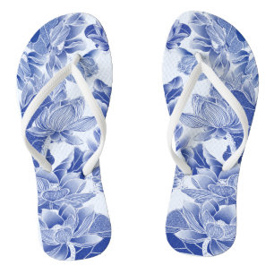 Chinelos Moderno Retro Azul Chinoiserie Lotus Floral