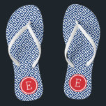 Chinelos Monograma da Chave Grega Vermelha e Azul<br><div class="desc">sandálias de flutuação de sacudir impressas personalizadas com um padrão-chave grego na moda moderno e o seu monograma personalizado ou outro texto em círculo. Clique em Personalizar para alterar as fontes e cores do texto ou adicionar suas próprias imagens para criar uma única design!</div>