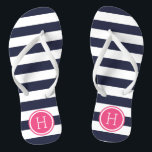 Chinelos Monograma das tiras de pré-disquete de marinho e r<br><div class="desc">sandálias de flutuação de sacudir impressas personalizadas com um padrão de stripe náutica de pré-disquete e seu monograma personalizado ou outro texto em um quadro circular. Clique em Personalizar para alterar as fontes e cores do texto ou adicionar suas próprias imagens para criar uma única design!</div>