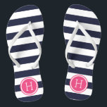 Chinelos Monograma das tiras de pré-disquete de marinho e r<br><div class="desc">sandálias de flutuação de sacudir impressas personalizadas com um padrão de stripe náutica de pré-disquete e seu monograma personalizado ou outro texto em um quadro circular. Clique em Personalizar para alterar as fontes e cores do texto ou adicionar suas próprias imagens para criar uma única design!</div>