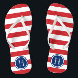 Chinelos Monograma das tiras de pré-disquete vermelho branc<br><div class="desc">sandálias de flutuação de sacudir impressas personalizadas com um padrão de stripe náutica de pré-disquete e seu monograma personalizado ou outro texto em um quadro circular. Clique em Personalizar para alterar as fontes e cores do texto ou adicionar suas próprias imagens para criar uma única design!</div>