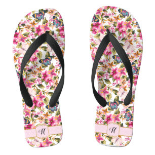 Chinelos Monograma de Padrão Floral Rosa Personalizado