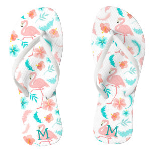 Chinelos Monograma de Teal Flamingo, Rosa Tropical
