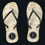 Chinelos Monograma do Damasco Floral Dourado e Preto<br><div class="desc">sandálias de flutuação de sacudir impressas personalizadas com uma cor damasco floral na moda elegante e o seu monograma personalizado ou outro texto em círculo. Clique em Personalizar para alterar as fontes e cores do texto ou adicionar suas próprias imagens para criar uma única design!</div>