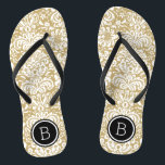 Chinelos Monograma do Damasco Floral Dourado e Preto<br><div class="desc">sandálias de flutuação de sacudir impressas personalizadas com uma cor damasco floral na moda elegante e o seu monograma personalizado ou outro texto em círculo. Clique em Personalizar para alterar as fontes e cores do texto ou adicionar suas próprias imagens para criar uma única design!</div>