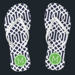 Chinelos Monograma do marinho e do Green Trellis<br><div class="desc">sandálias de flutuação de sacudir impressas personalizadas com um padrão de pisca moderno na moda e um monograma personalizado ou outro texto em um quadro circular. Clique em Personalizar para alterar as fontes e cores do texto ou adicionar suas próprias imagens para criar uma única design!</div>