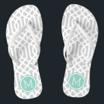Chinelos Monograma em Treliça Cinza e Aqua<br><div class="desc">Sandalhas de flip flop impressas personalizadas com um padrão de treliça moderno e elegante e seu monograma personalizado ou outro texto em uma moldura circular. Clique em Personalizar para alterar as fontes e cores do texto ou adicionar suas próprias imagens para criar um design único!</div>