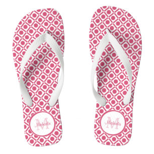 Chinelos Monograma Geométrico Moderno Rosa e Branco Com Nom