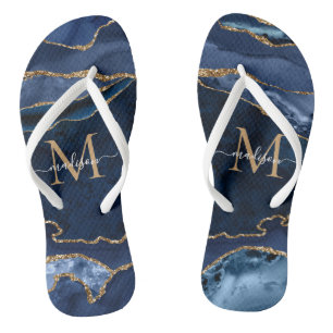 Chinelos Monograma Girílico de Geodo de Agate Dourado Azul 
