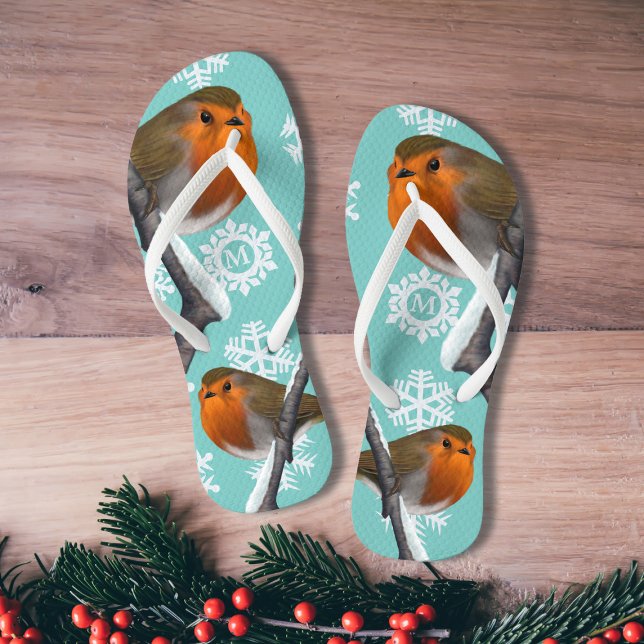 Chinelos Monogrammed Snowflake Robin Bird Natal em julho (Perfect for Christmas in July (and the one in December))