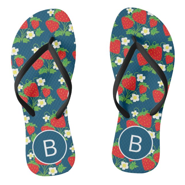Chinelos Morango e Flor Padrão Azul Monogramado (Pé da cama)