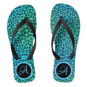 Chinelos Neon Turquoise Leopard Imprima Monograma