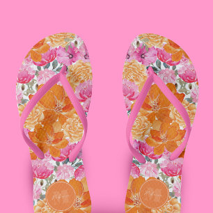 Chinelos Nome Personalizado de Jardim Floral Laranja e Rosa