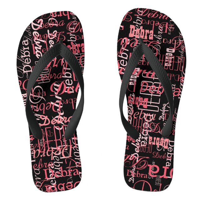 Chinelos Nome personalizado FlipFlop preto rosa para ela (Pé da cama)