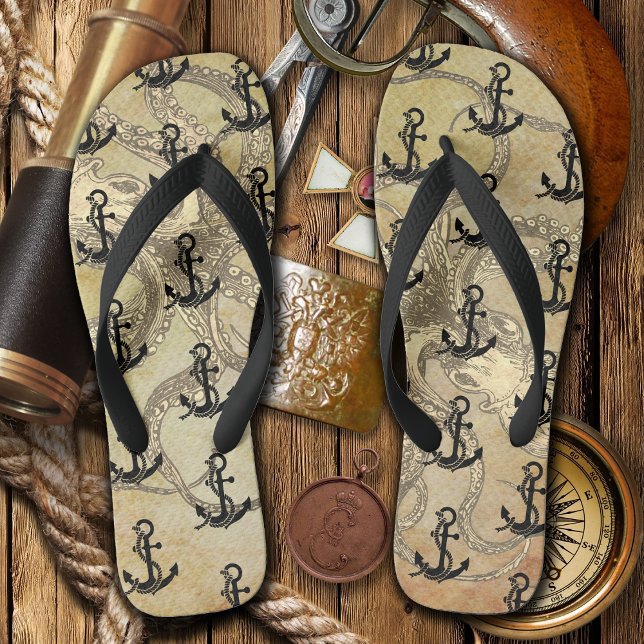 Chinelos Octopus e Âncoras do Steampunk (Octopus and Anchor Pirate Flip Flops)