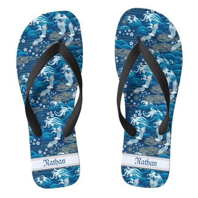 Chinelos Ondas Padrão Chinês Azul Antigo Grous Nuvens (Pé da cama)