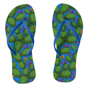 Chinelos Opuntia florescente em azul