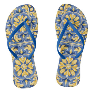 Chinelos Padrão Botânico mediterrânico - Azul e Amarelo