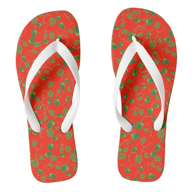 Chinelos Padrão de Buds Verde em Vermelho para Personalizar (Pé da cama)