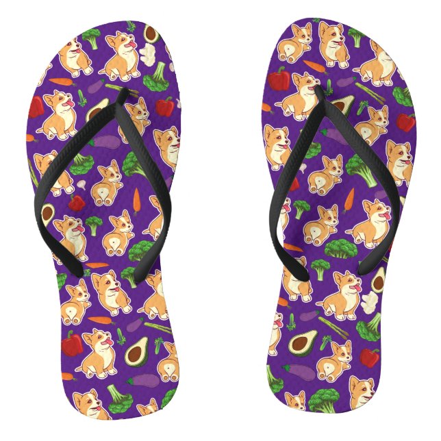 Chinelos Padrão de comida de vegetais e Corgi fofo Roxo (Pé da cama)