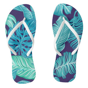 Chinelos Padrão de Folhas Azuis Verdes Tropicais