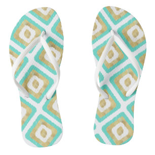 Chinelos Padrão de Ikat Chic Dourado e Turquoise