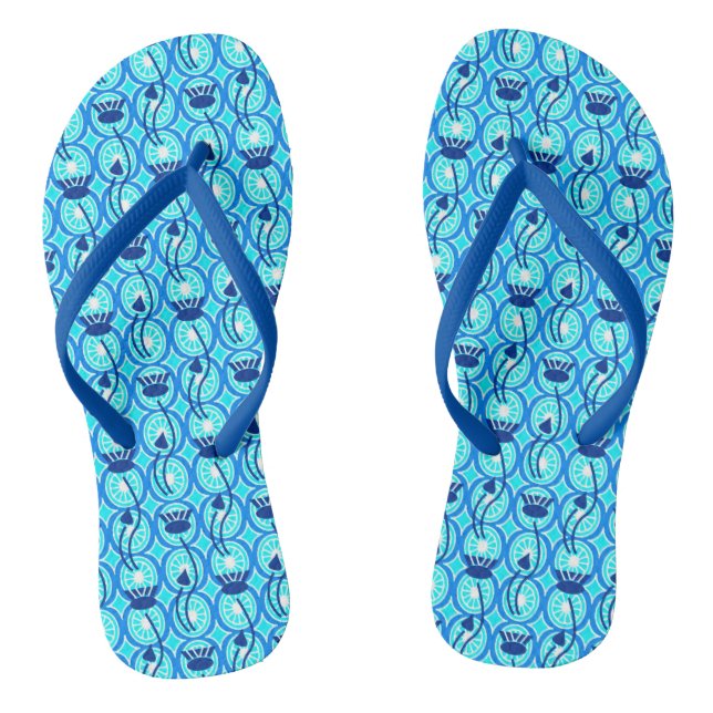 Chinelos Padrão de Lotus Egípcio, Azul Cobalto e Turquesa (Pé da cama)