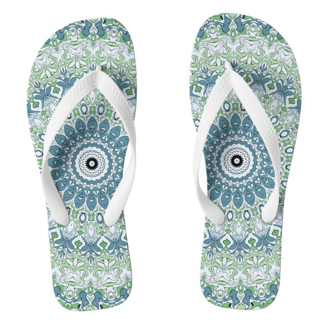 Chinelos Padrão de Mandala Costeira Azul e Verde Marinho (Pé da cama)