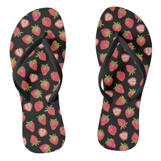 Chinelos Padrão de Morango de Verão em preto (Pé da cama)