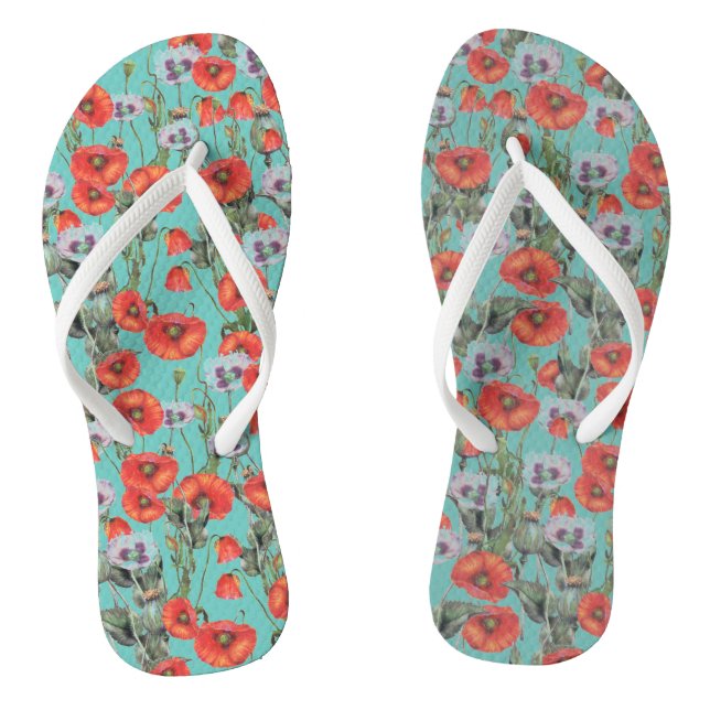 Chinelos Padrão de Poppies Vermelhas e Aqua (Pé da cama)