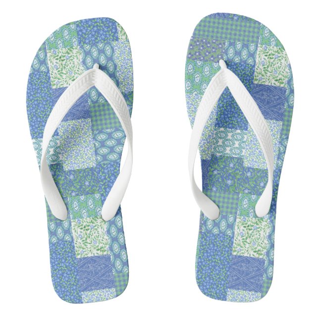 Chinelos Padrão de Remendo Falso Floral Boho Azul Periwinkl (Pé da cama)