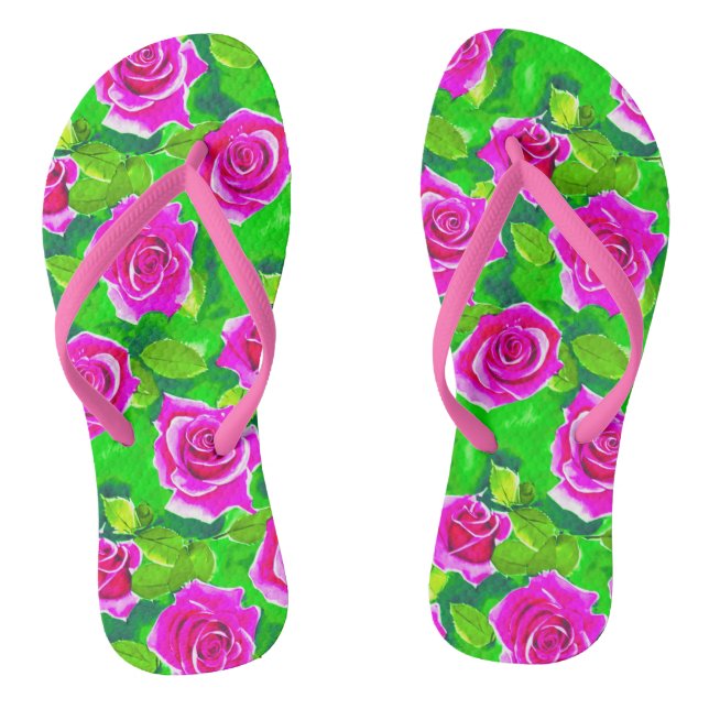 Chinelos Padrão de Rosa de Aquarela Rosa Fuchsia (Pé da cama)