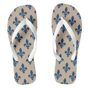 Chinelos Padrão Fleur de Lis, Azul Real Francês em Creme