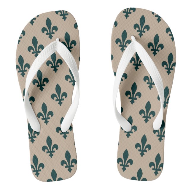 Chinelos Padrão Fleur de Lis, Verde Real Francês sobre Crem (Pé da cama)