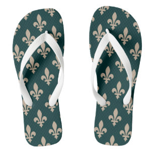 Chinelos Padrão Flor de Lis, Creme Real Francês sobre Verde