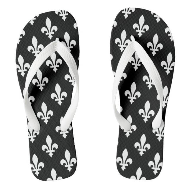 Chinelos Padrão Flor de Lis, Real Francês, Branco no Preto (Pé da cama)
