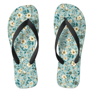 Chinelos Padrão Floral Botânico Verde Azul e Branco de Verã