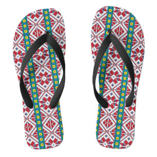 Chinelos Padrão geométrico tribal vermelho, azul e estrela 