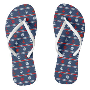 Chinelos Padrão Náutico Vermelho, Branco E Azul
