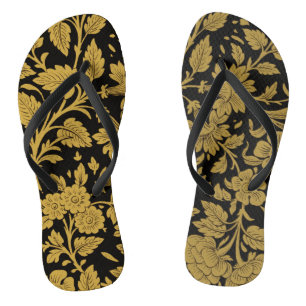 Chinelos Padrão Preto Floral Ouro Antigo Trabalho a Lacagem