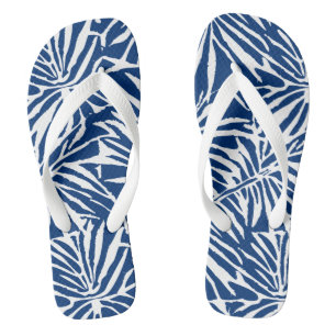 Chinelos Padrão Repetitivo de Folha Tropical Azul e Branco