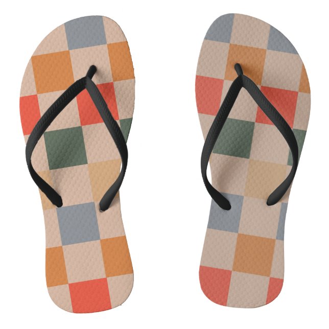 Chinelos Padrão Xadrez Gingham Azul Bege Laranja Marrom (Pé da cama)