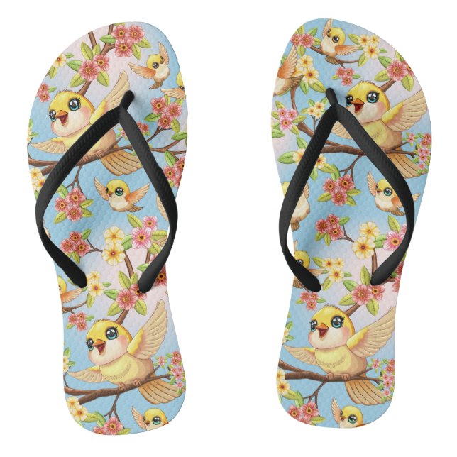 Chinelos Pássaros bonitos e felizes entre as flores da prim (Pé da cama)