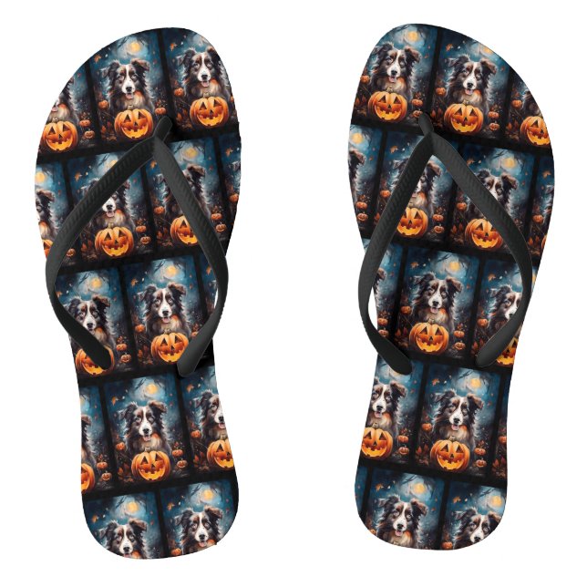 Chinelos Pastor Australiano Halloween Com Pumpkins Assustad (Pé da cama)