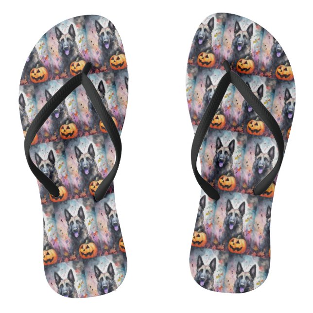 Chinelos Pastor Belga de Halloween Com Abóboras Assustador  (Pé da cama)