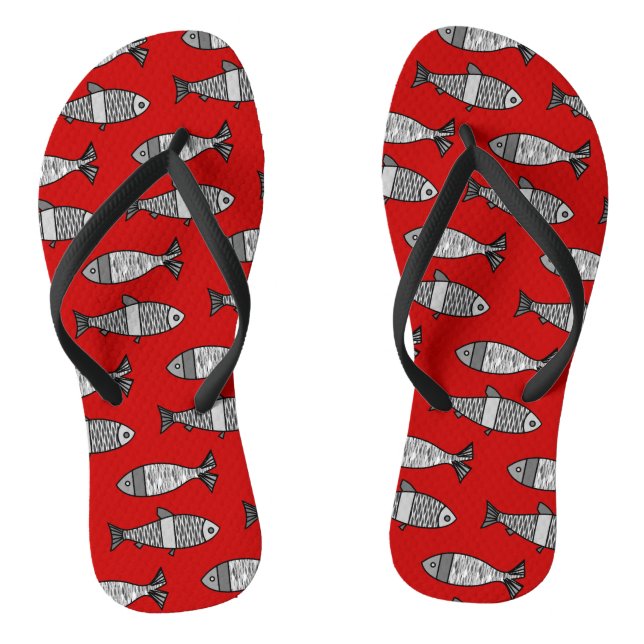Chinelos Peixe Moderno Retroativo, Vermelho Profundo e Cinz (Pé da cama)