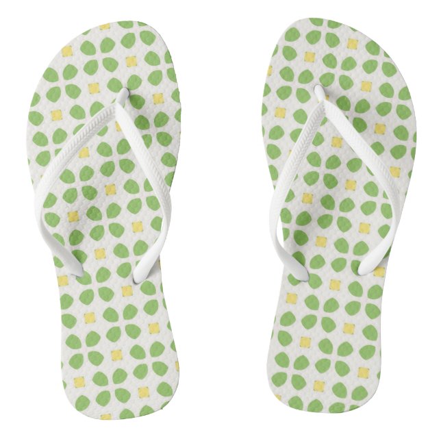 Chinelos Pétala verde e floral geométrico quadrado amarelo (Pé da cama)