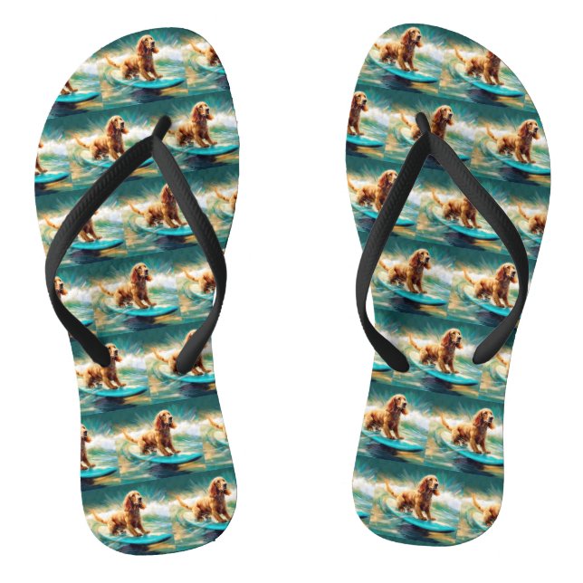 Chinelos Pintura de Cocker Spaniel Surfando na Praia (Pé da cama)