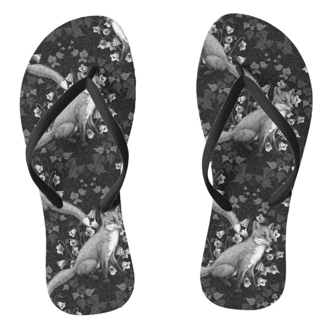 Chinelos Raposa, flores e mariposa, monocromática, prata (Pé da cama)