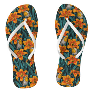 Chinelos Robins e flores, cor de laranja e azul